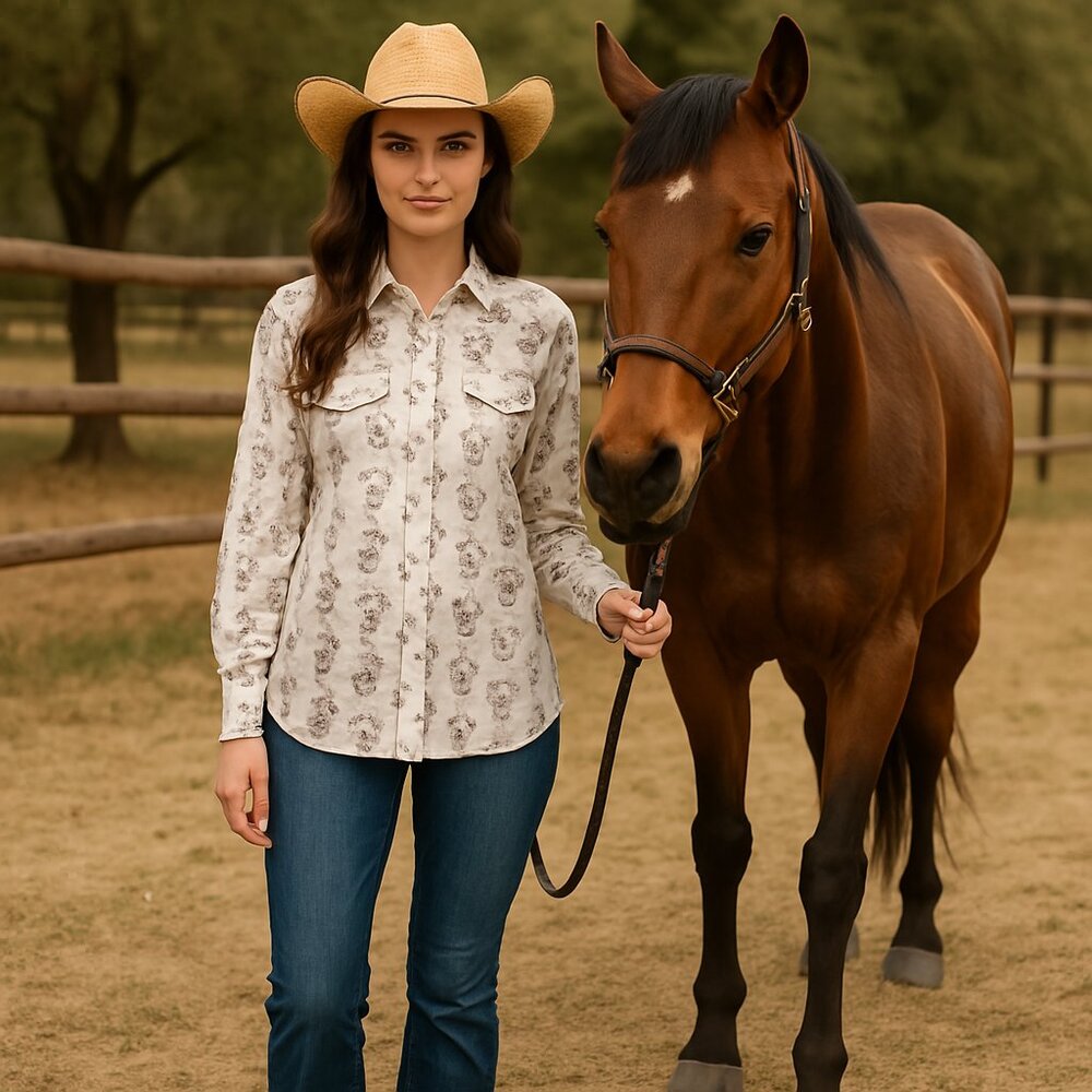 Miller Western Cowgirl Vintage Womens cream/blue floral Pearl Snap Shirt 16/34